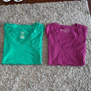 green and pink v-neck tee shirts